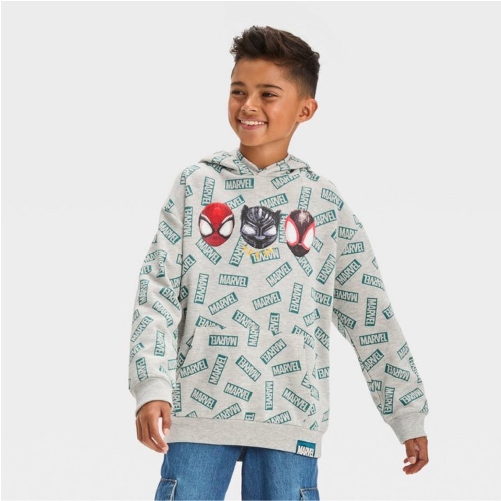 Marvel Boys Spider Man‎ Wolverine Deadpool Pullover Hoodie Sweatshirt Gray Sz L